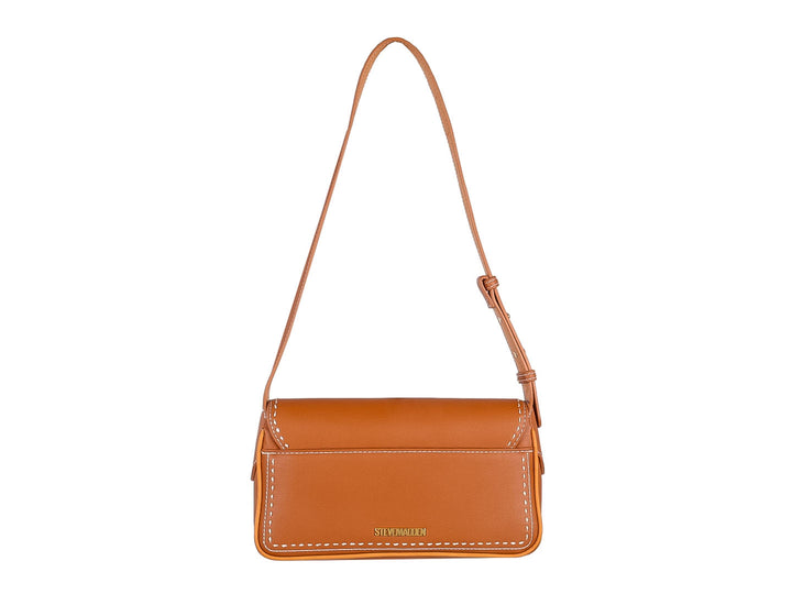 Bolso de hombro Steve Madden color cognac con detalle circular dorado y correa larga.