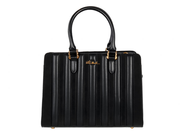 Bolso Steve Madden color negro con detalles dorados y diseño frontal plisado.