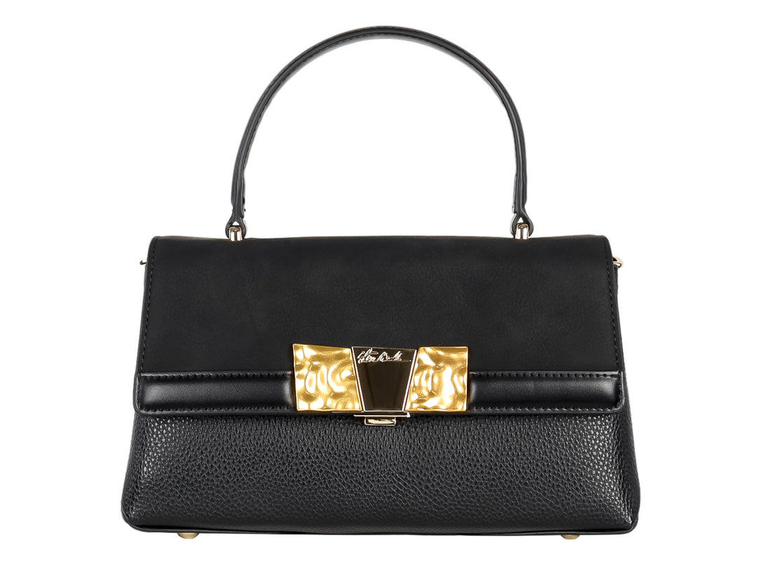 Bolsa negra Steve Madden con asa superior y broche metálico dorado.