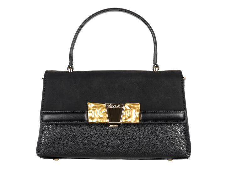 Bolsa negra Steve Madden con asa superior y broche metálico dorado.