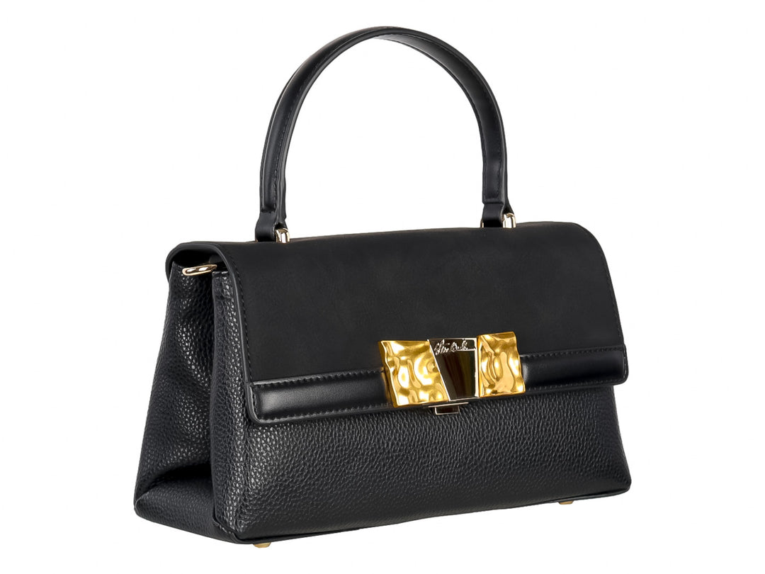 Bolsa negra Steve Madden con asa superior y broche metálico dorado.