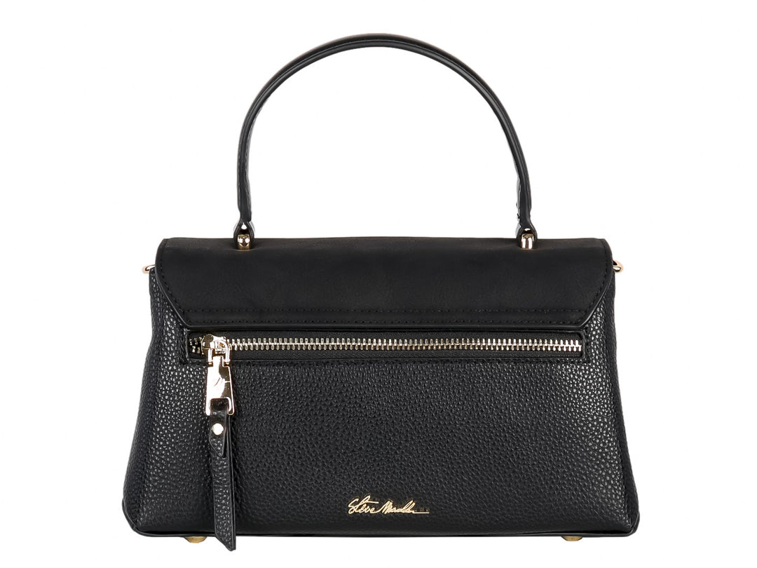 Bolsa negra Steve Madden con asa superior y broche metálico dorado.