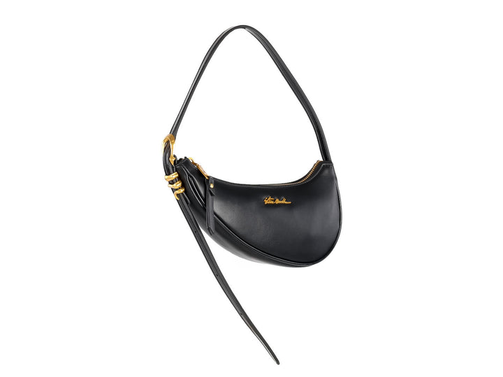 Bolso de hombro negro en forma de media luna con detalles y logotipo en color dorado de Steve Madden.