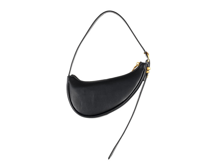 Bolso de hombro negro en forma de media luna con detalles y logotipo en color dorado de Steve Madden.