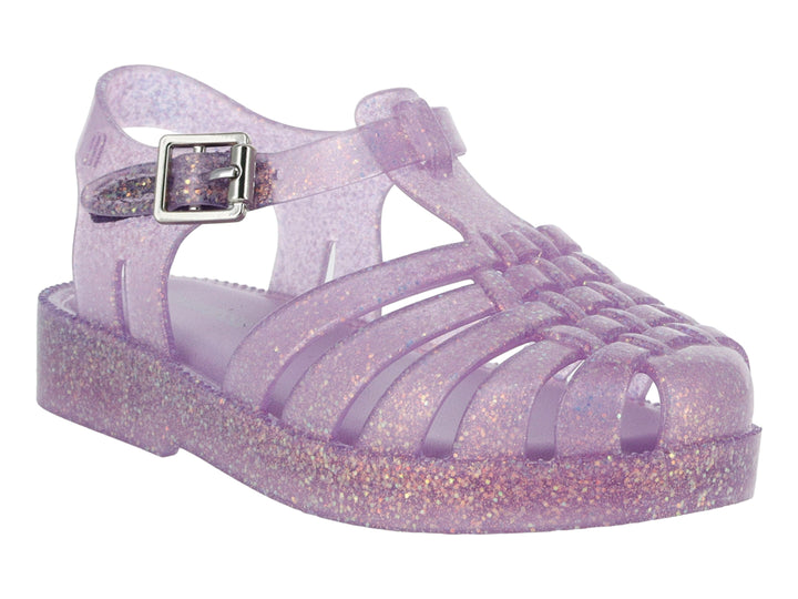 Sandalia morada con glitter para bebé de la marca Mini Melissa, con diseño calado y correa con hebilla.