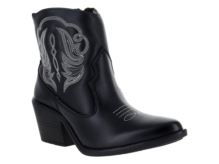 Botín vaquero negro con detalles de bordado blanco y tacón grueso.