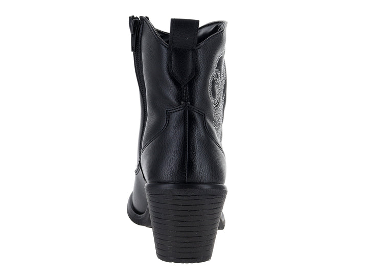 Botín vaquero negro con detalles de bordado blanco y tacón grueso.