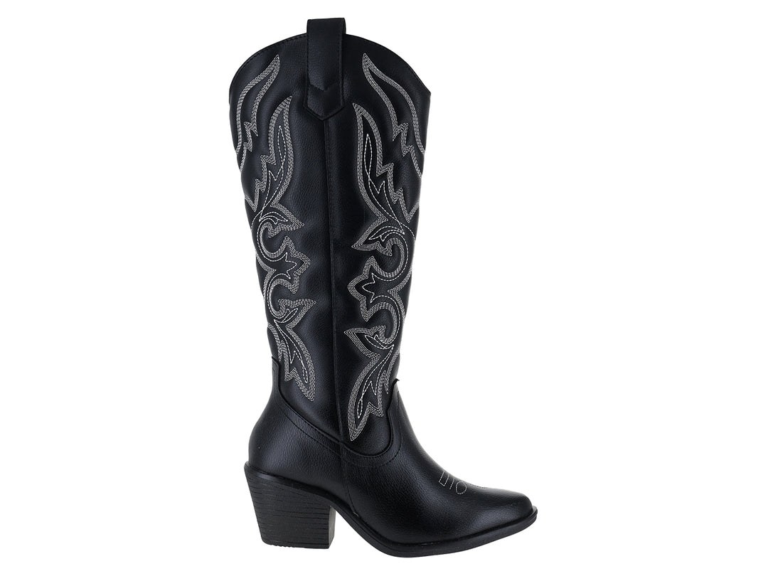 Botas vaqueras negras con detalles de bordado blanco en la caña y tacón cuadrado.