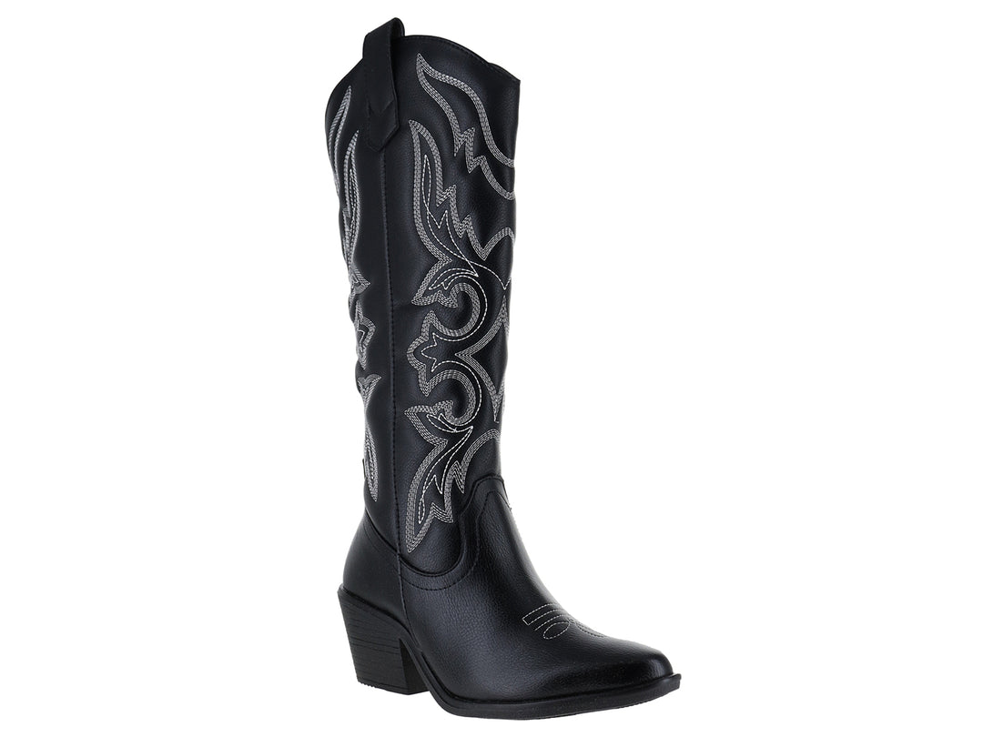 Botas vaqueras negras con detalles de bordado blanco en la caña y tacón cuadrado.
