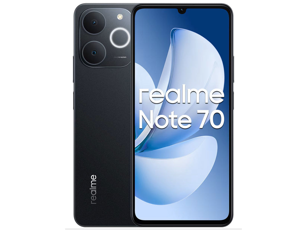 Smartphone Realme Note 70 en color negro, vista frontal de la pantalla y vista posterior de las cámaras.