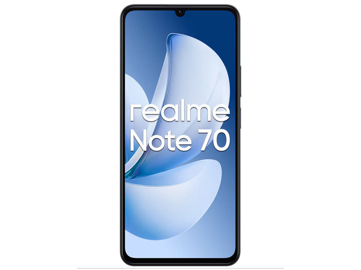 Smartphone Realme Note 70 en color negro, vista frontal de la pantalla y vista posterior de las cámaras.
