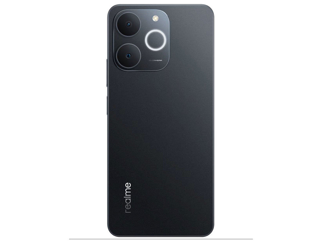 Smartphone Realme Note 70 en color negro, vista frontal de la pantalla y vista posterior de las cámaras.