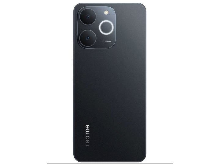 Smartphone Realme Note 70 en color negro, vista frontal de la pantalla y vista posterior de las cámaras.