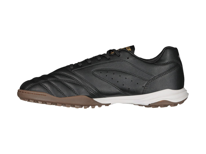 Taquetenis de fútbol Charly color negro con suela marrón y detalles dorados.
