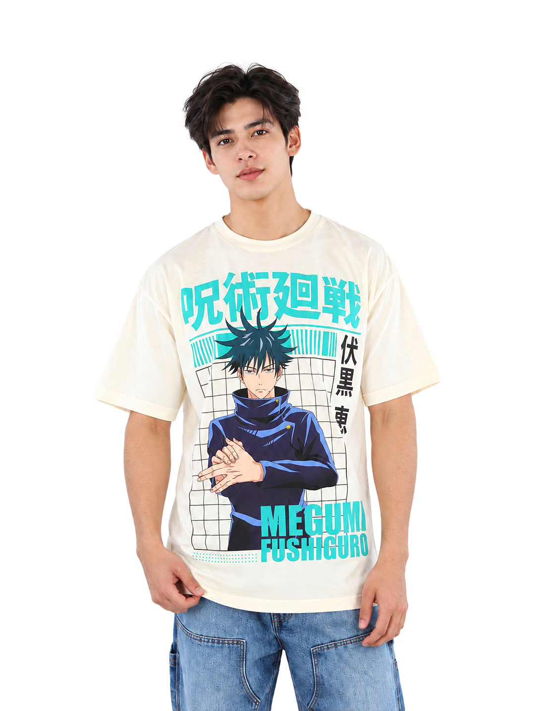 Playera color Artic con estampado frontal de Megumi Fushiguro de Jujutsu Kaisen.