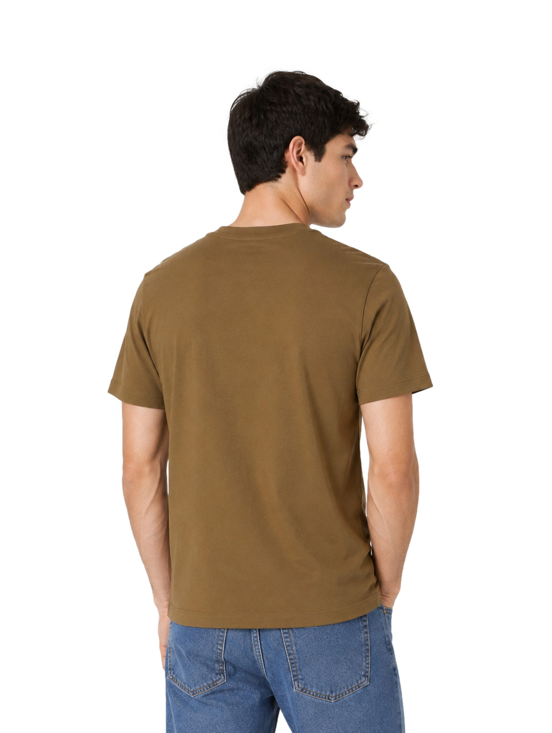 Hombre vistiendo playera Calvin Klein color capers de manga corta y cuello redondo.
