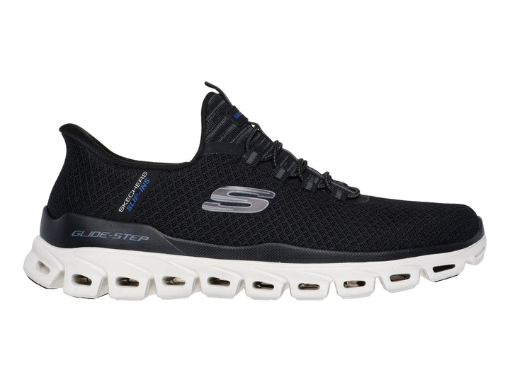 Tenis deportivos Skechers color negro con suela blanca Glide-Step para Hombre.