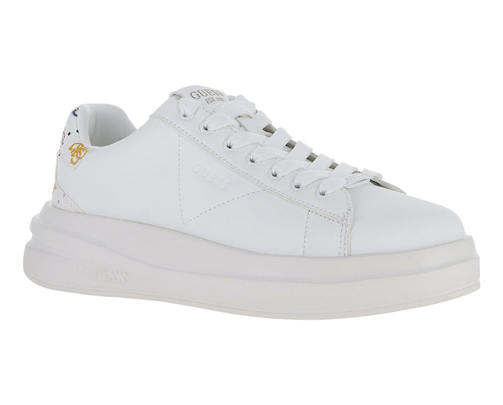 Tenis blancos de plataforma para mujer con detalles coloridos en el talón y suela gruesa.
