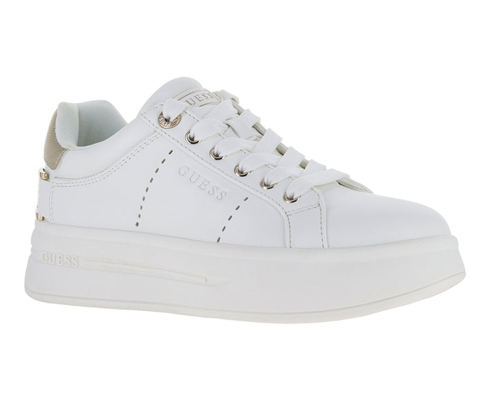 Tenis blancos para mujer con detalles dorados en el talón y suela de plataforma.