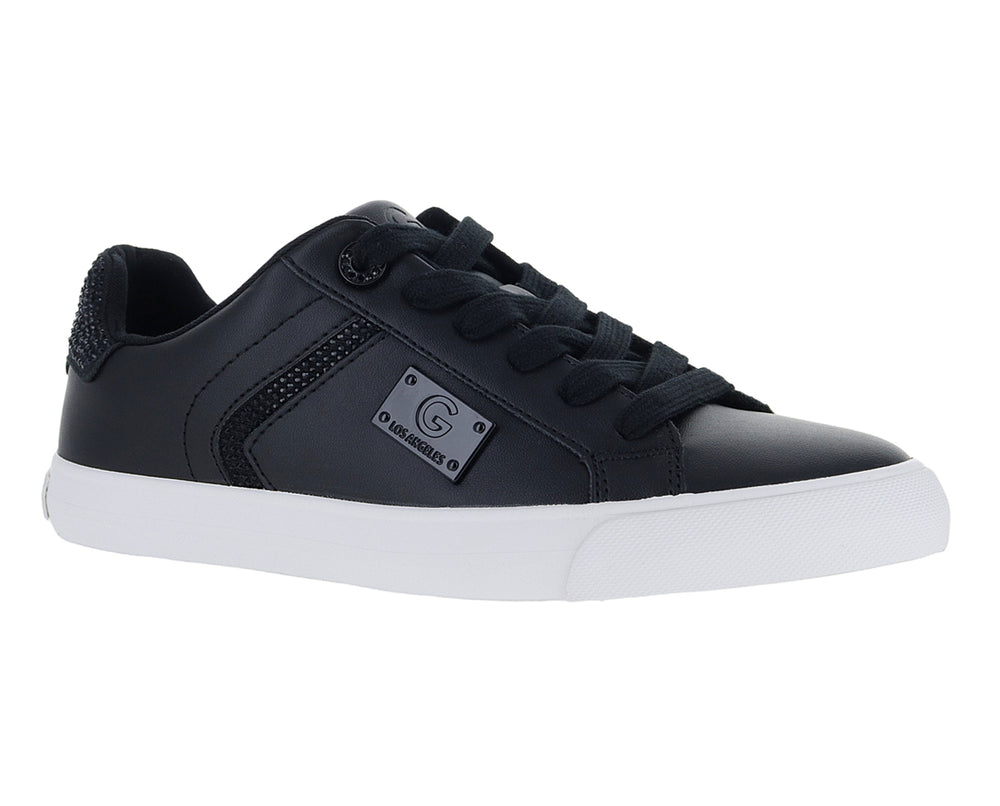 Tenis GBG color negro con suela blanca y detalles brillantes en el talón para mujer.