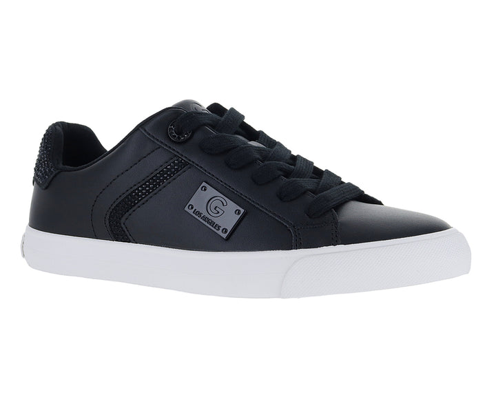 Tenis GBG color negro con suela blanca y detalles brillantes en el talón para mujer.
