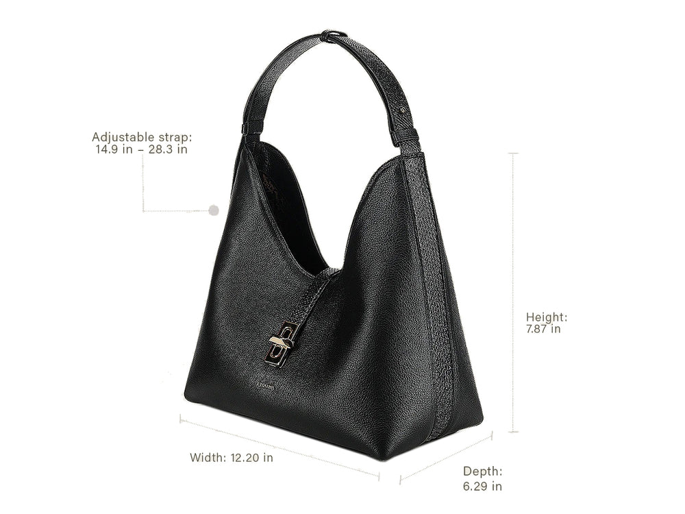 Bolso hobo de cuero negro con textura rugosa y detalle metálico plateado en el centro, marca Cuadra.