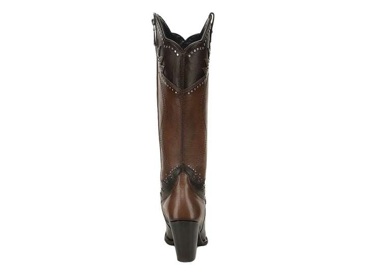 Bota vaquera de cuero color ámbar con detalles en negro y tacón cuadrado.