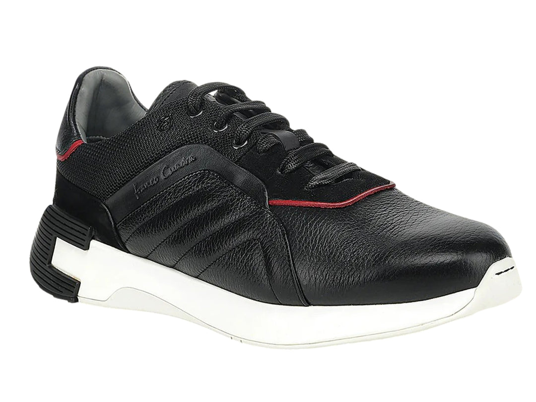 Tenis Cuadra de cuero negro con suela blanca y detalles rojos, vista lateral.