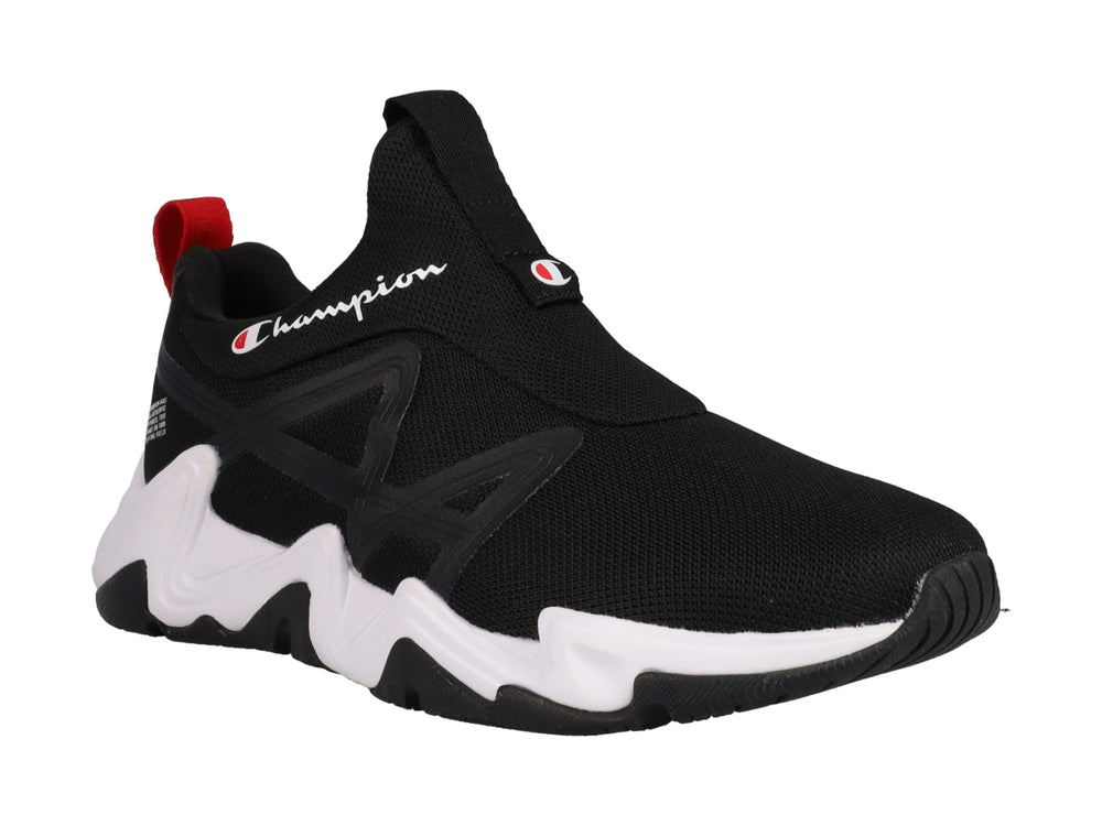Tenis deportivos Champion color negro con suela blanca y detalle rojo en el talón, estilo slip-on.