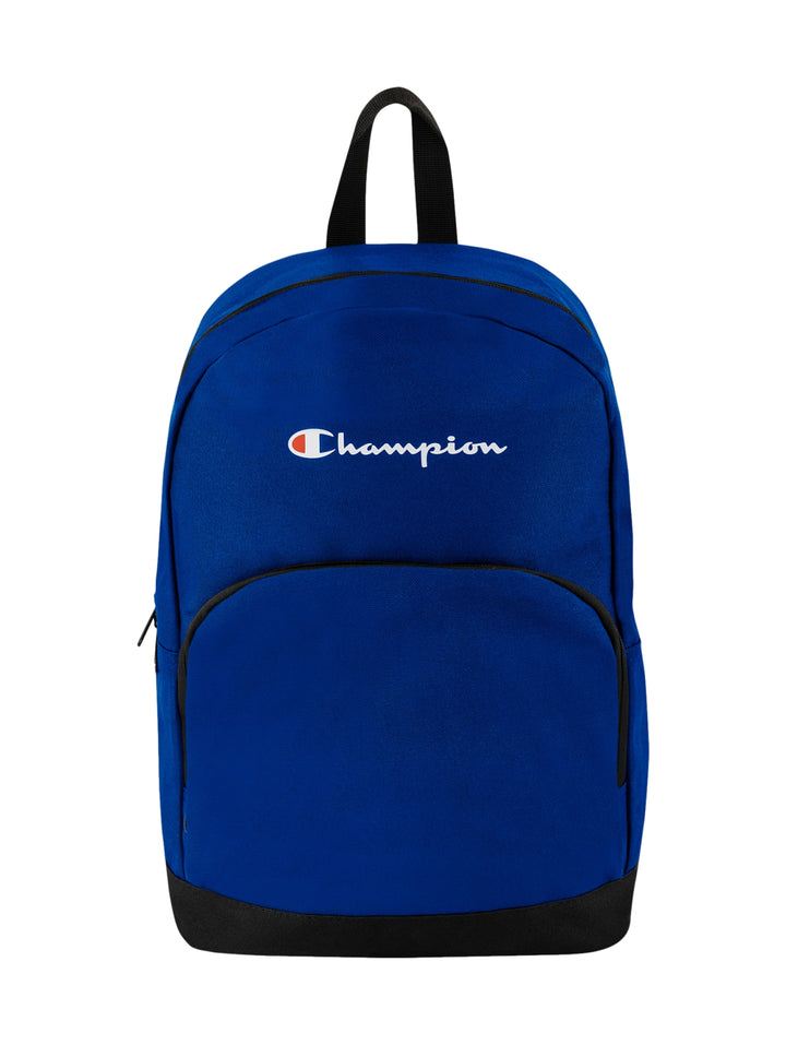 Mochila escolar Champion de color azul con base y asa en color negro.