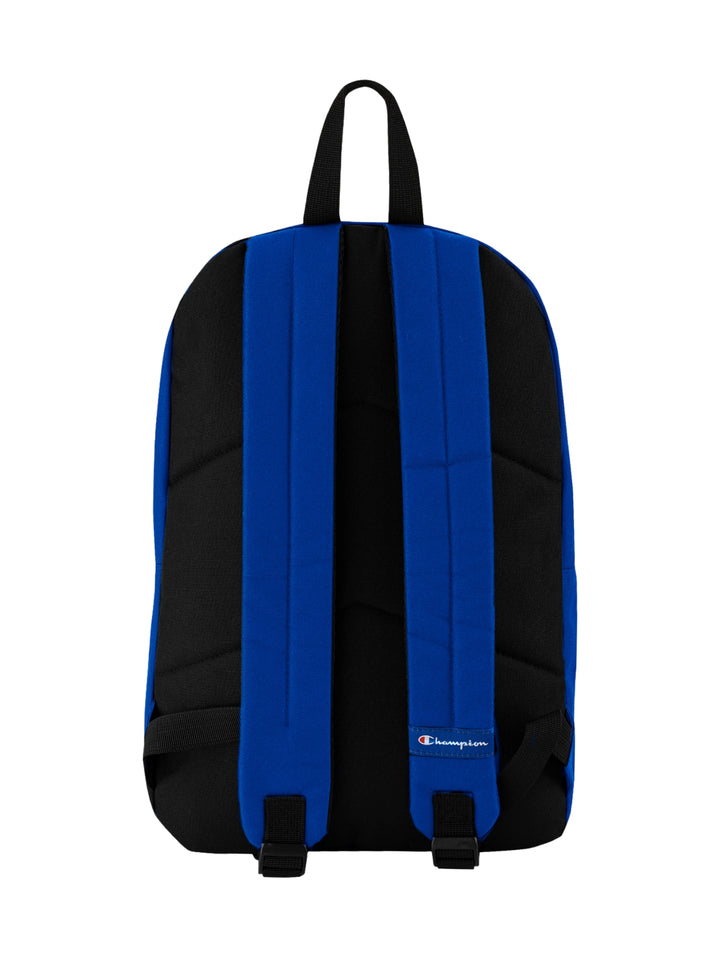 Mochila escolar Champion de color azul con base y asa en color negro.