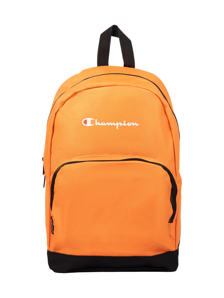 Mochila escolar Champion de color naranja con base y asa en color negro.