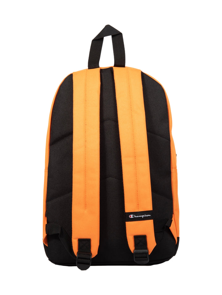 Mochila escolar Champion de color naranja con base y asa en color negro.
