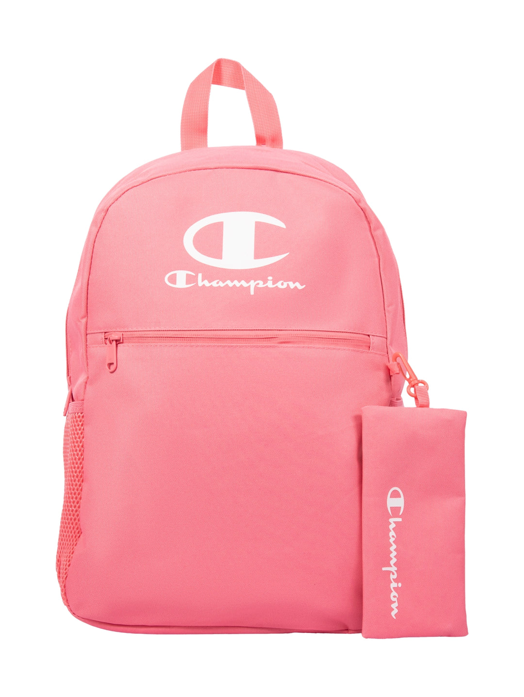 Mochila escolar color rosa de la marca Champion con estuche a juego.