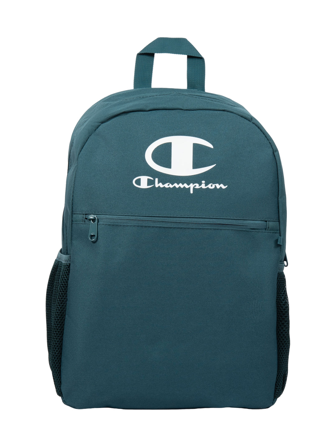 Mochila escolar Champion color verde olivo con logotipo blanco frontal y bolsillos laterales de malla.
