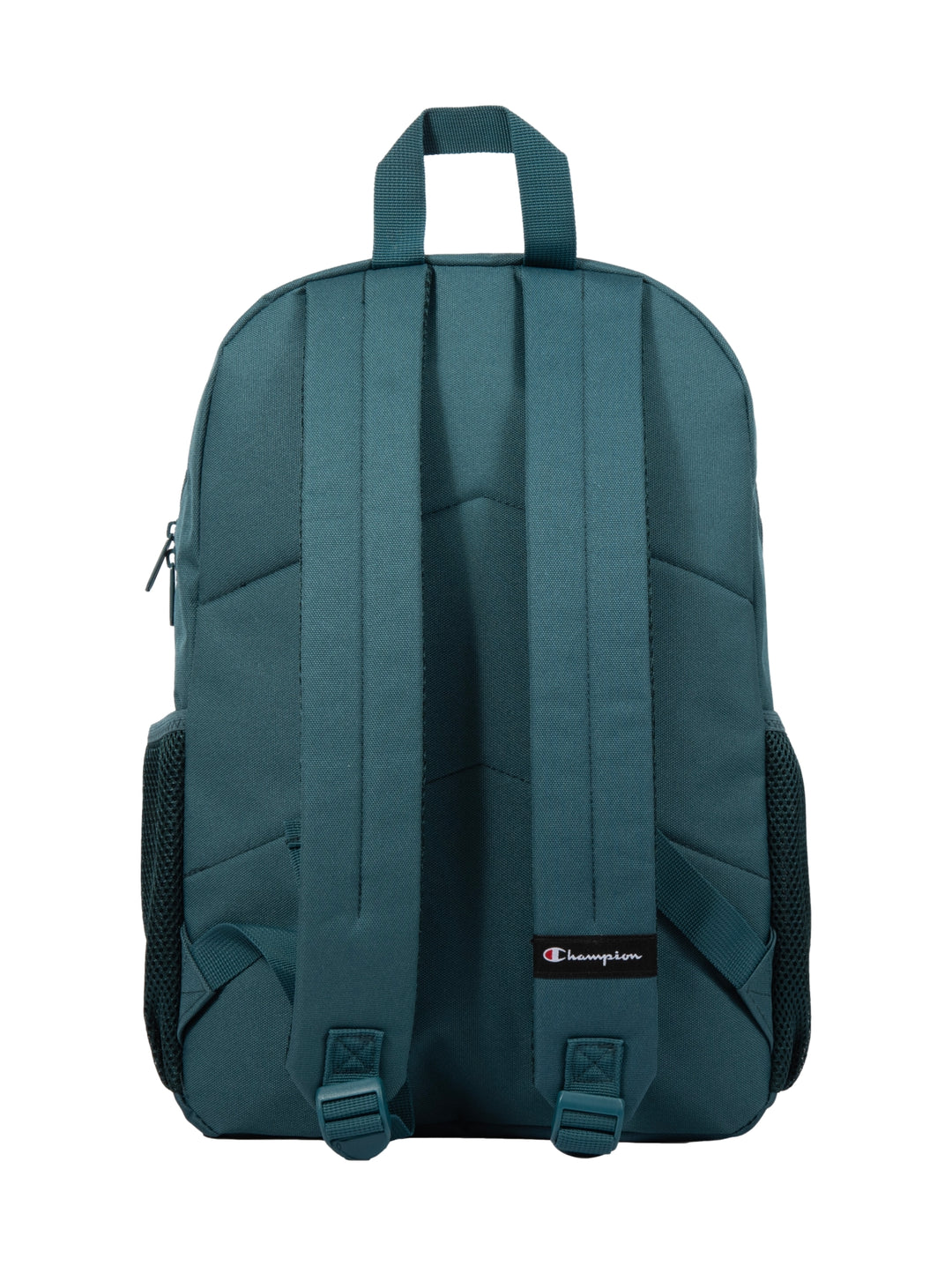Mochila escolar Champion color verde olivo con logotipo blanco frontal y bolsillos laterales de malla.