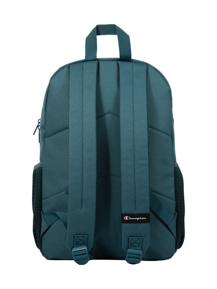 Mochila escolar Champion color verde olivo con logotipo blanco frontal y bolsillos laterales de malla.