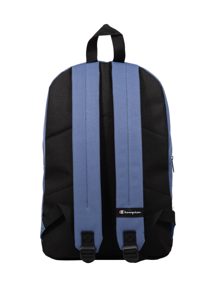 Mochila escolar Champion color azul marino con base y detalles en negro.