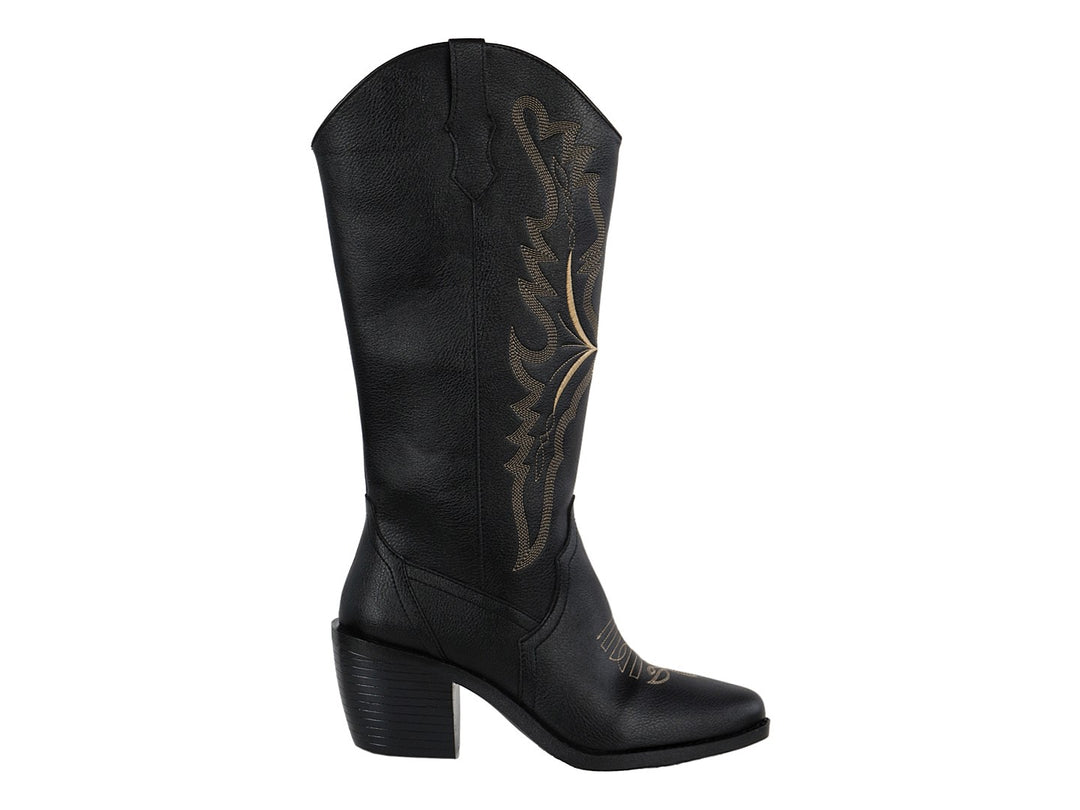 Botas vaqueras Luna Rosa color negro con detalles bordados en dorado y tacón cuadrado.