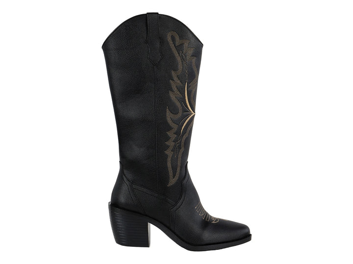 Botas vaqueras Luna Rosa color negro con detalles bordados en dorado y tacón cuadrado.