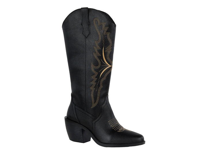 Botas vaqueras Luna Rosa color negro con detalles bordados en dorado y tacón cuadrado.