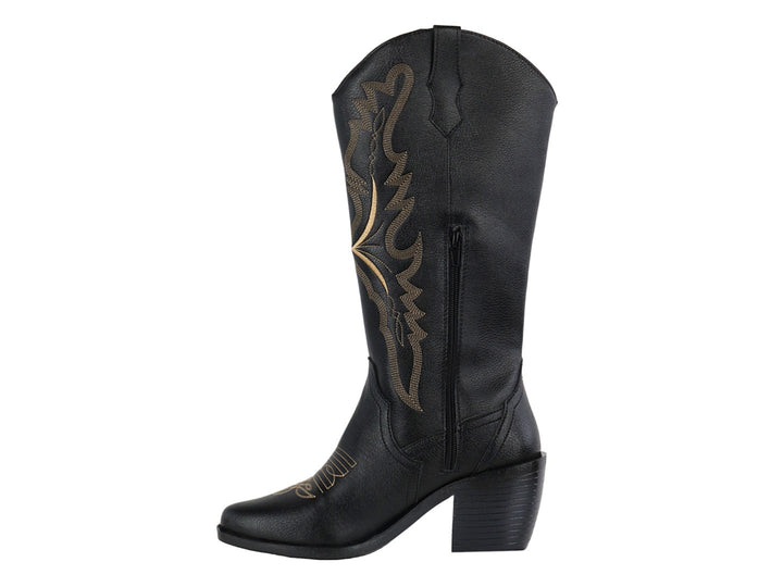 Botas vaqueras Luna Rosa color negro con detalles bordados en dorado y tacón cuadrado.