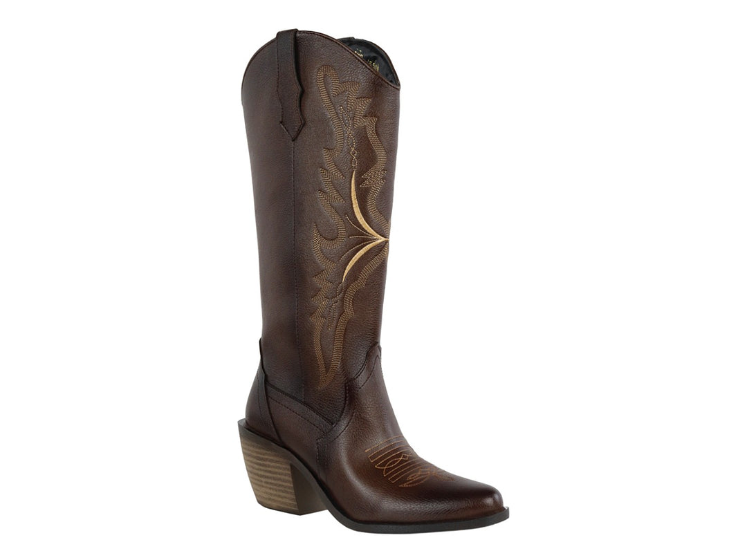 Botas vaqueras Luna Rosa color café con detalles bordados en dorado y tacón cuadrado.