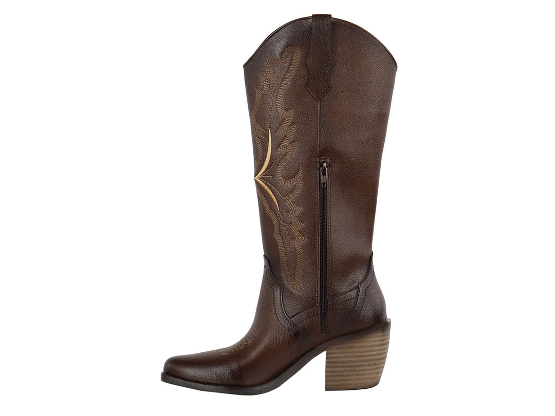 Botas vaqueras Luna Rosa color café con detalles bordados en dorado y tacón cuadrado.