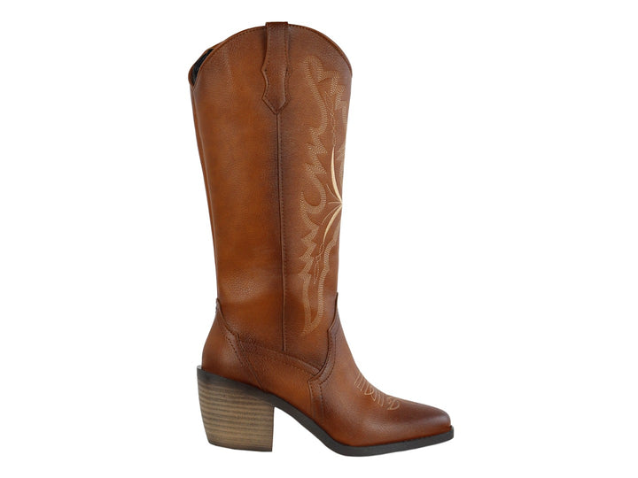 Botas vaqueras Luna Rosa color coñac con detalles bordados y tacón grueso
