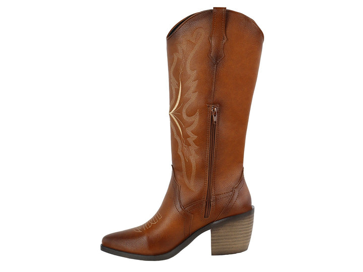 Botas vaqueras Luna Rosa color coñac con detalles bordados y tacón grueso