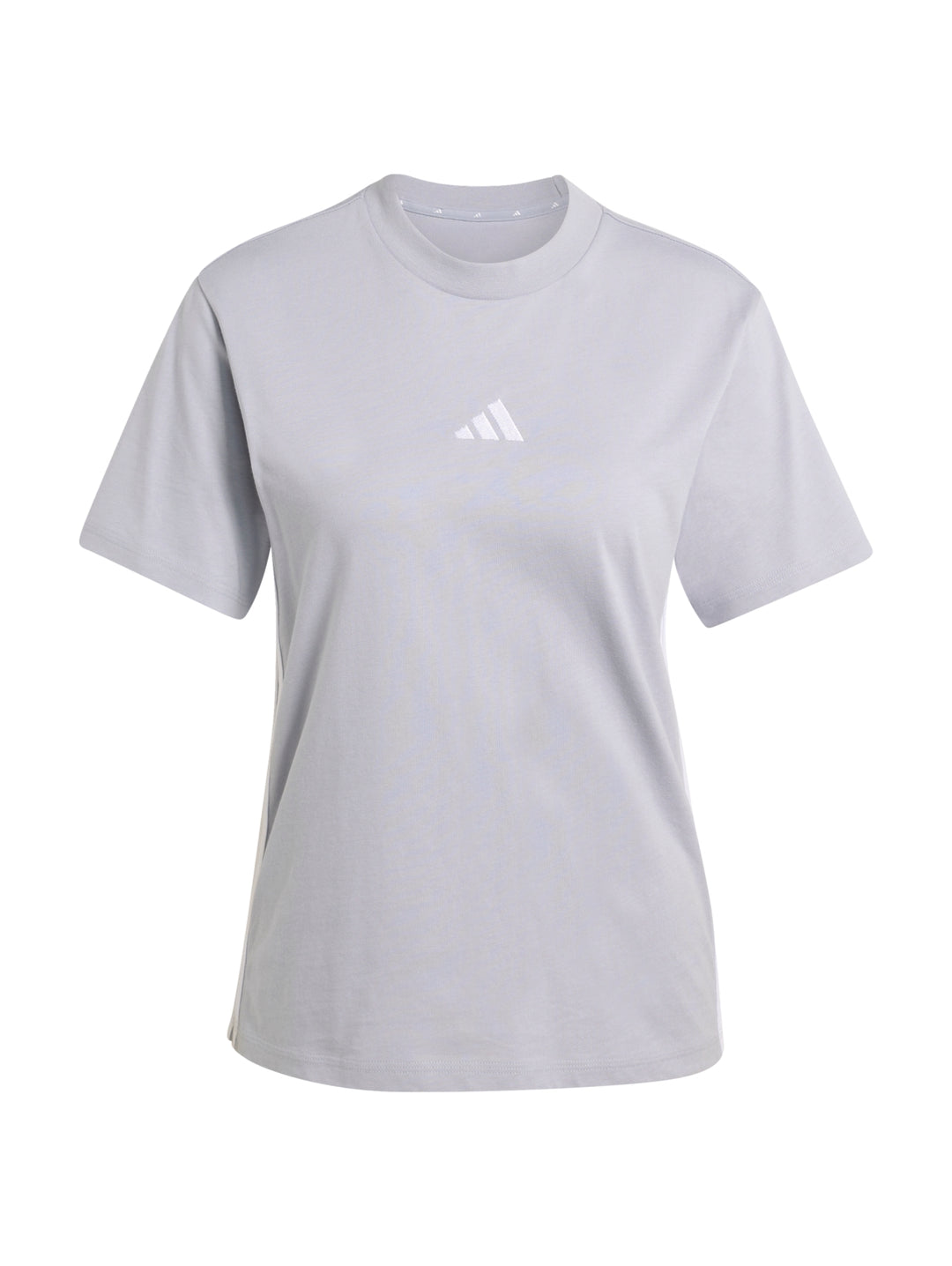 Camiseta deportiva Adidas de color gris claro con tres franjas blancas laterales.