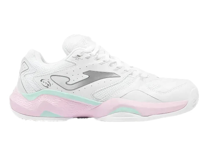 Tenis deportivos Joma color blanco con detalles en rosa y verde menta en la suela.