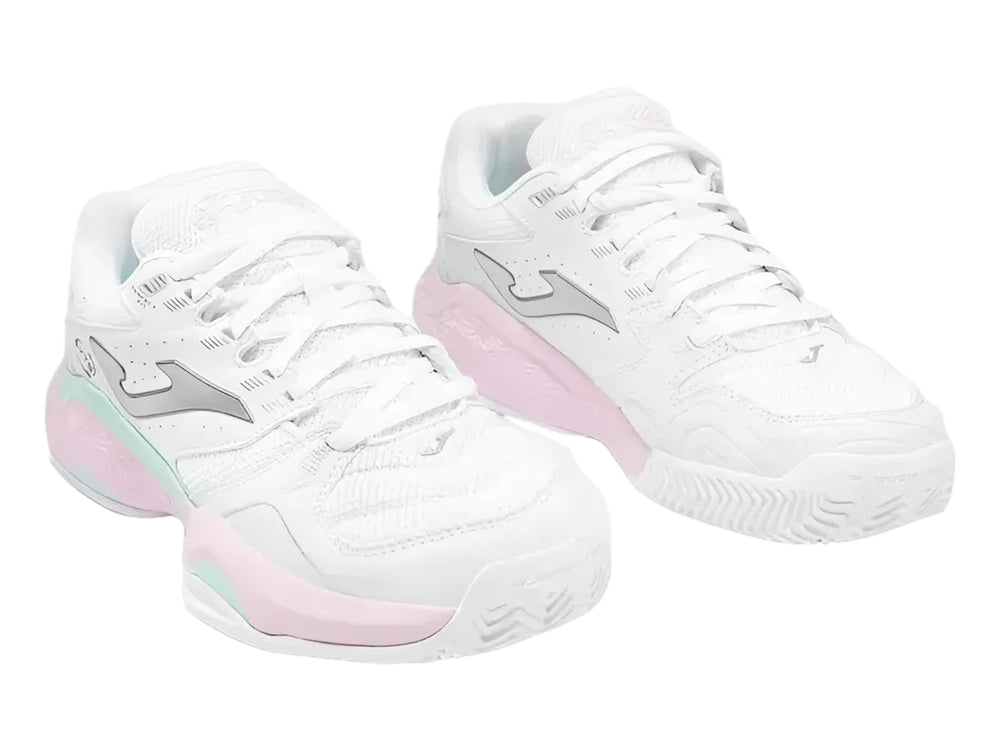 Tenis deportivos Joma color blanco con detalles en rosa y verde menta en la suela.