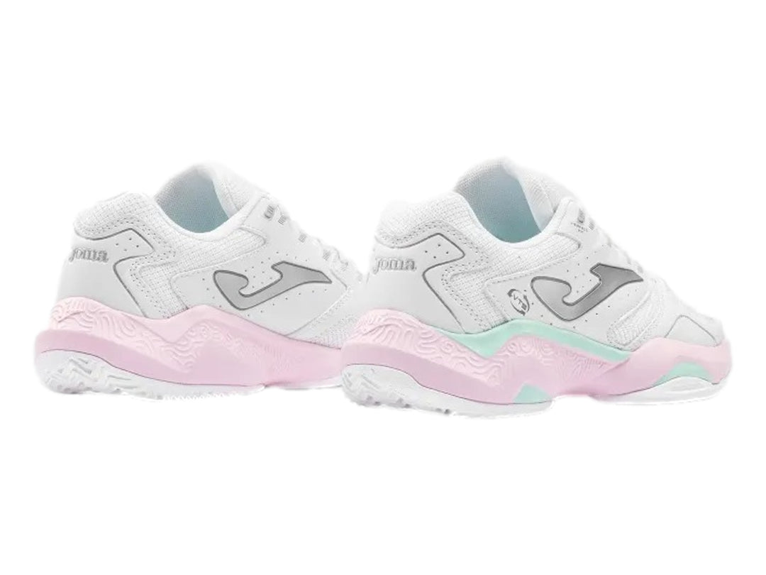 Tenis deportivos Joma color blanco con detalles en rosa y verde menta en la suela.